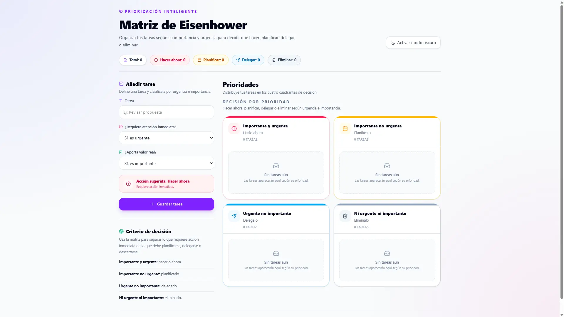 Interfaz de Matriz Eisenhower