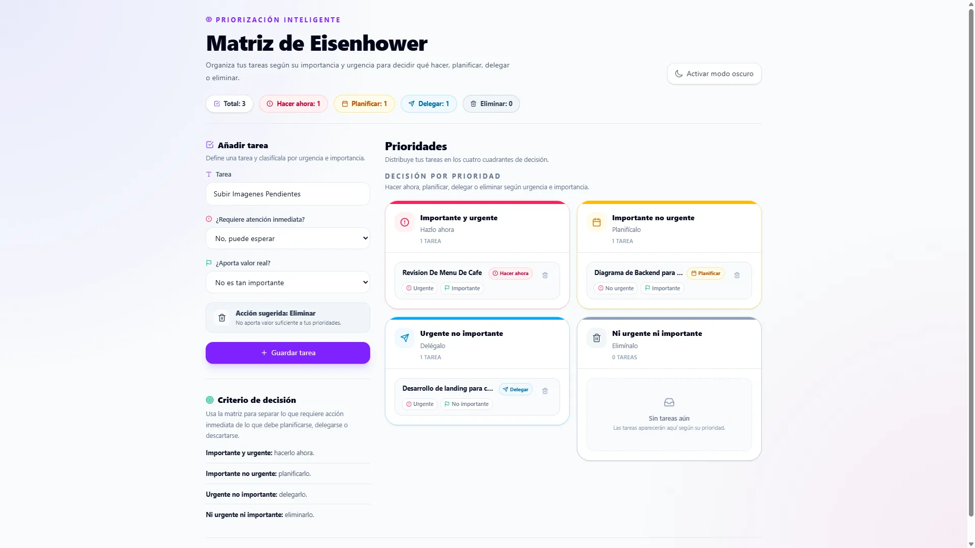 Interfaz de Matriz Eisenhower