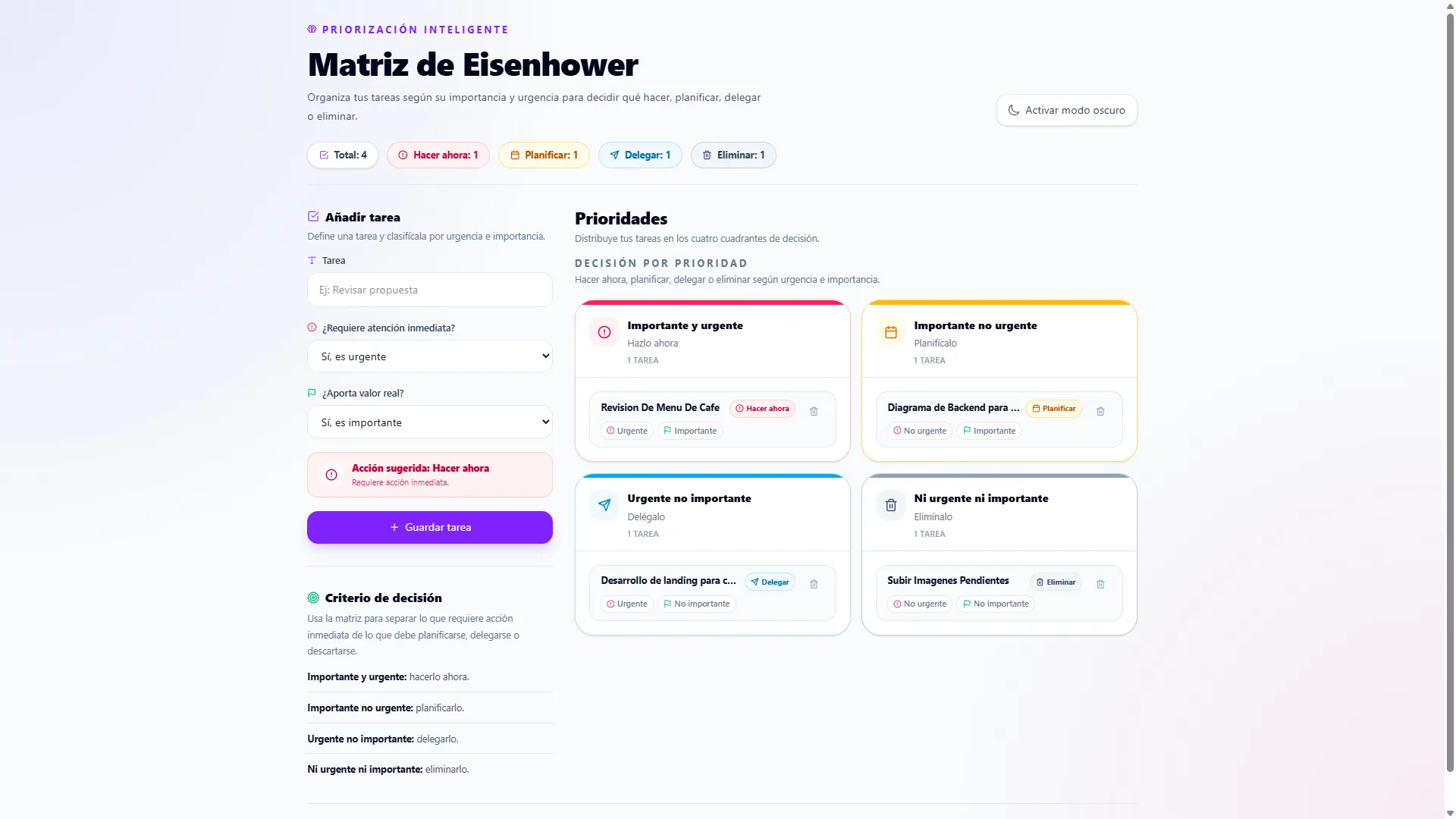 Interfaz de Matriz Eisenhower