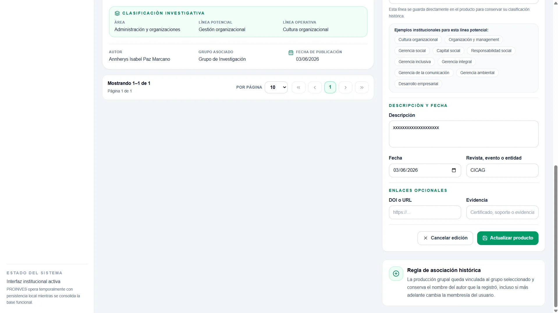 Sección de contenido de Proinves