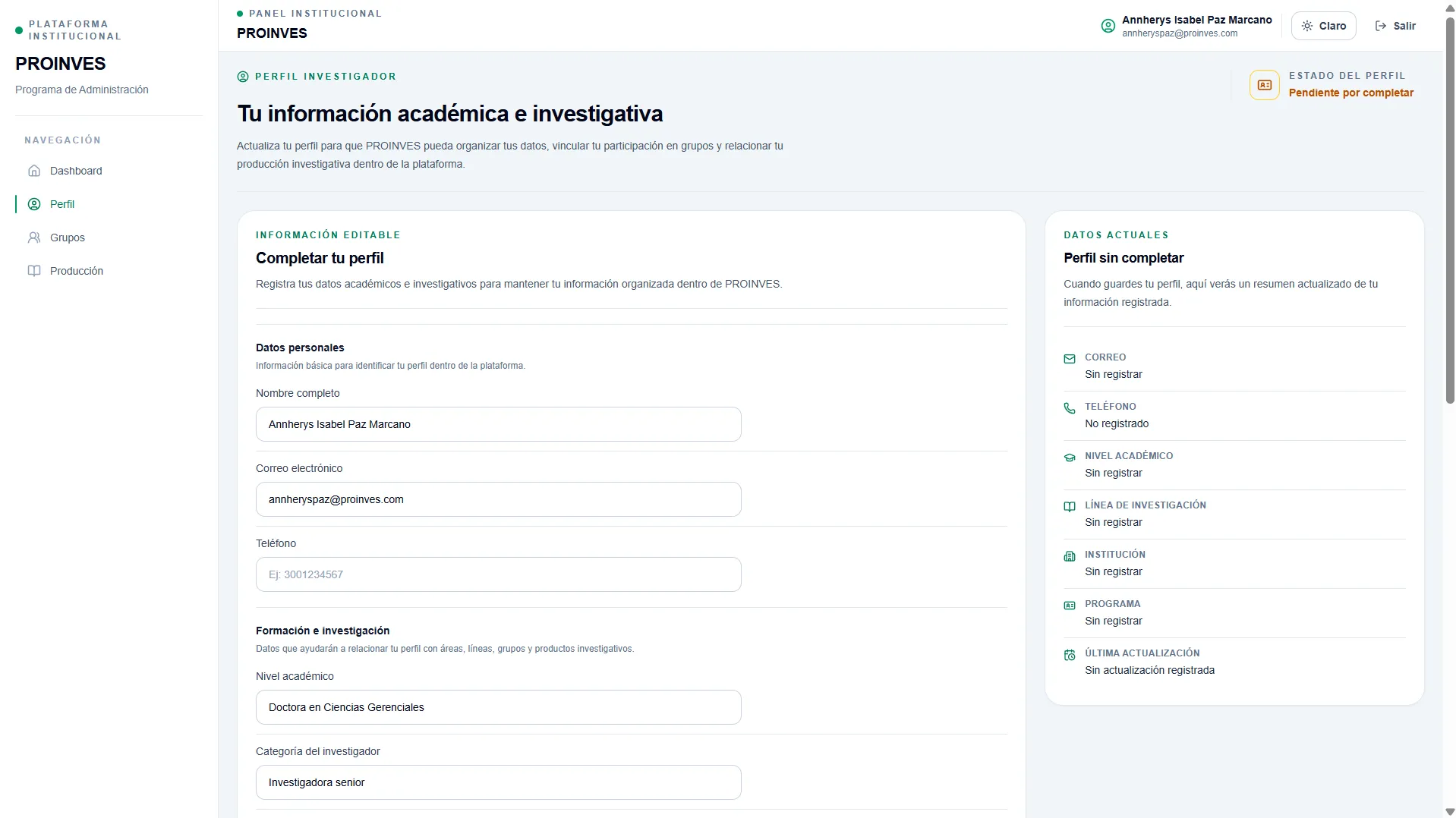 Sección de contenido de Proinves