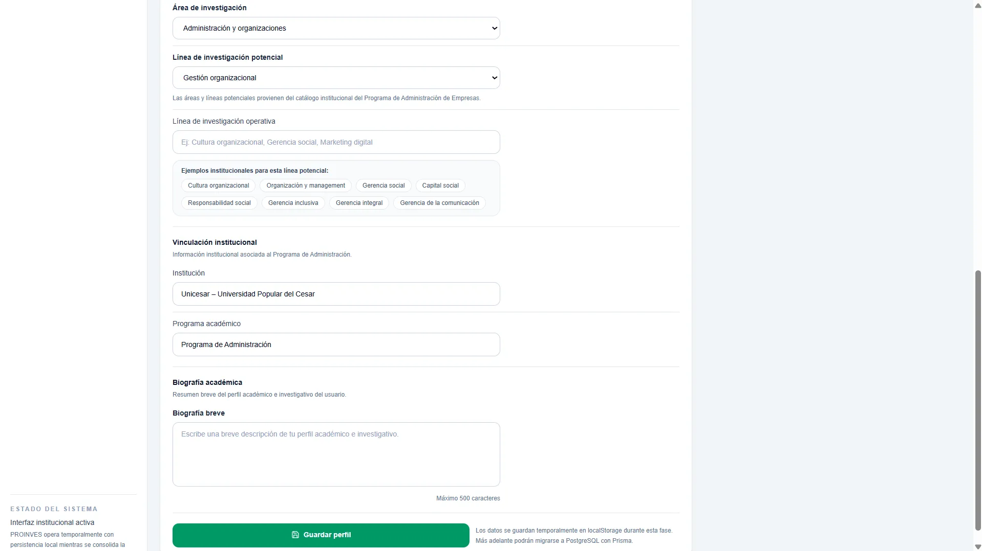 Sección de contenido de Proinves