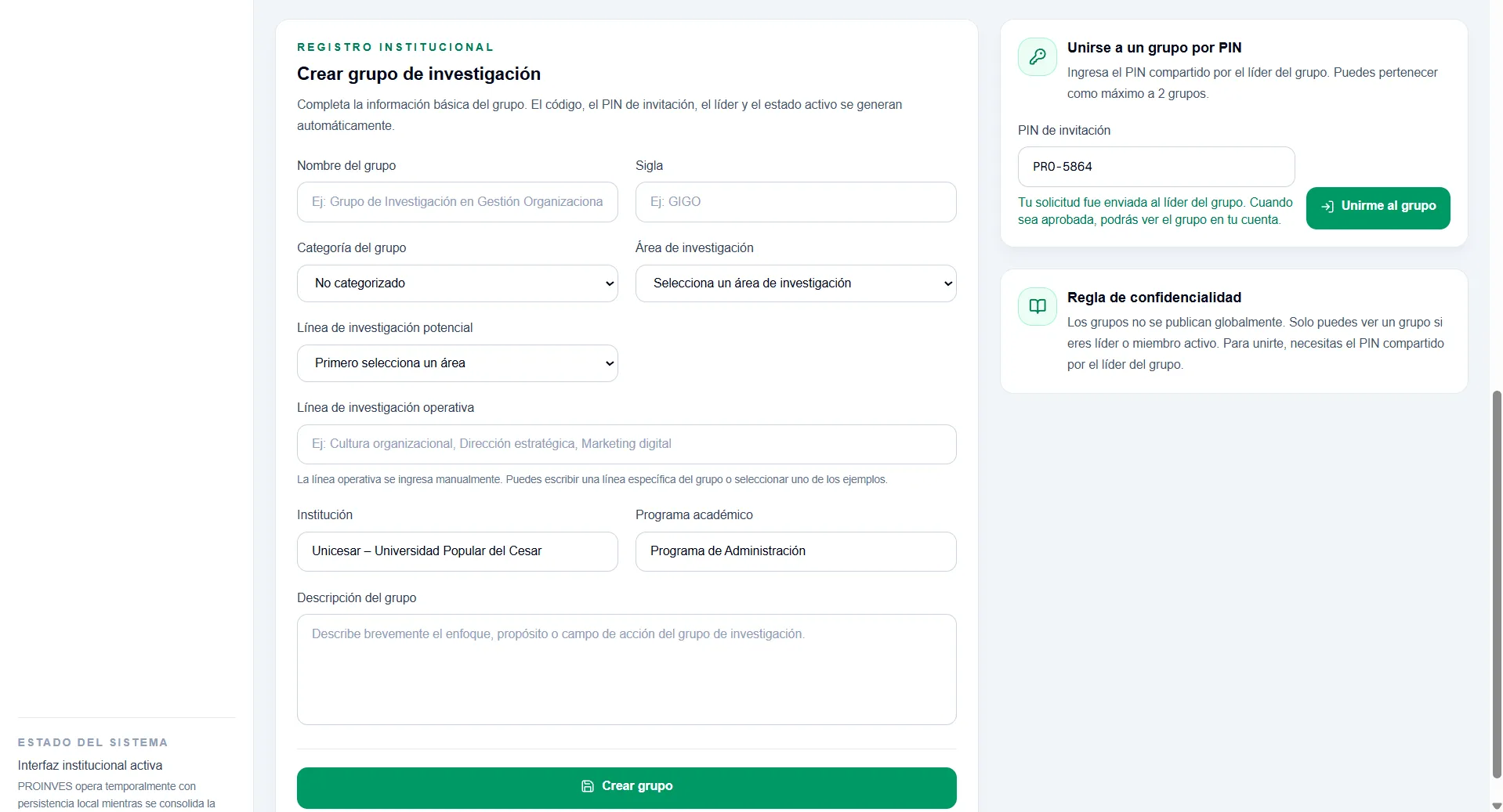 Sección de contenido de Proinves