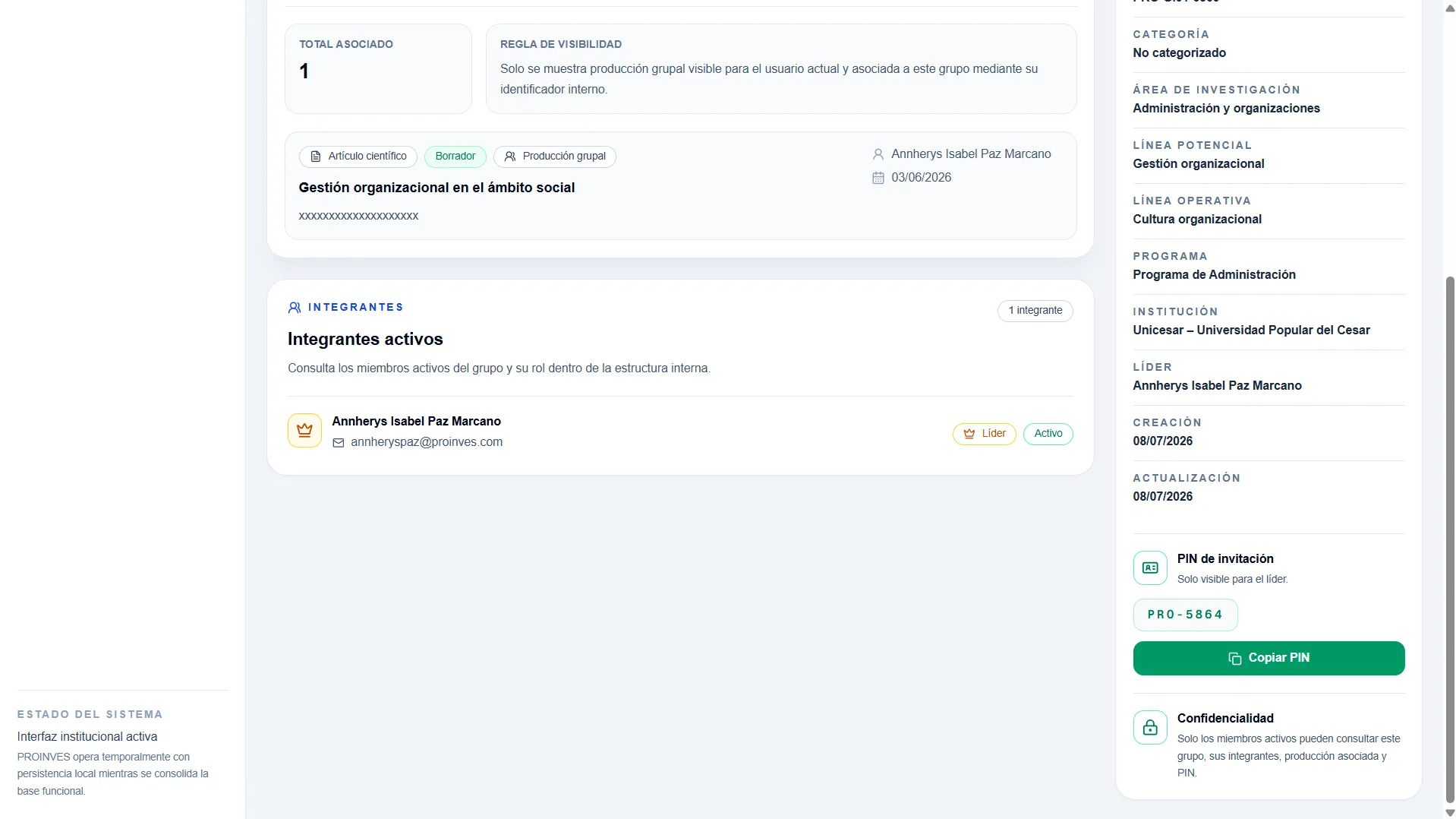 Sección de contenido de Proinves