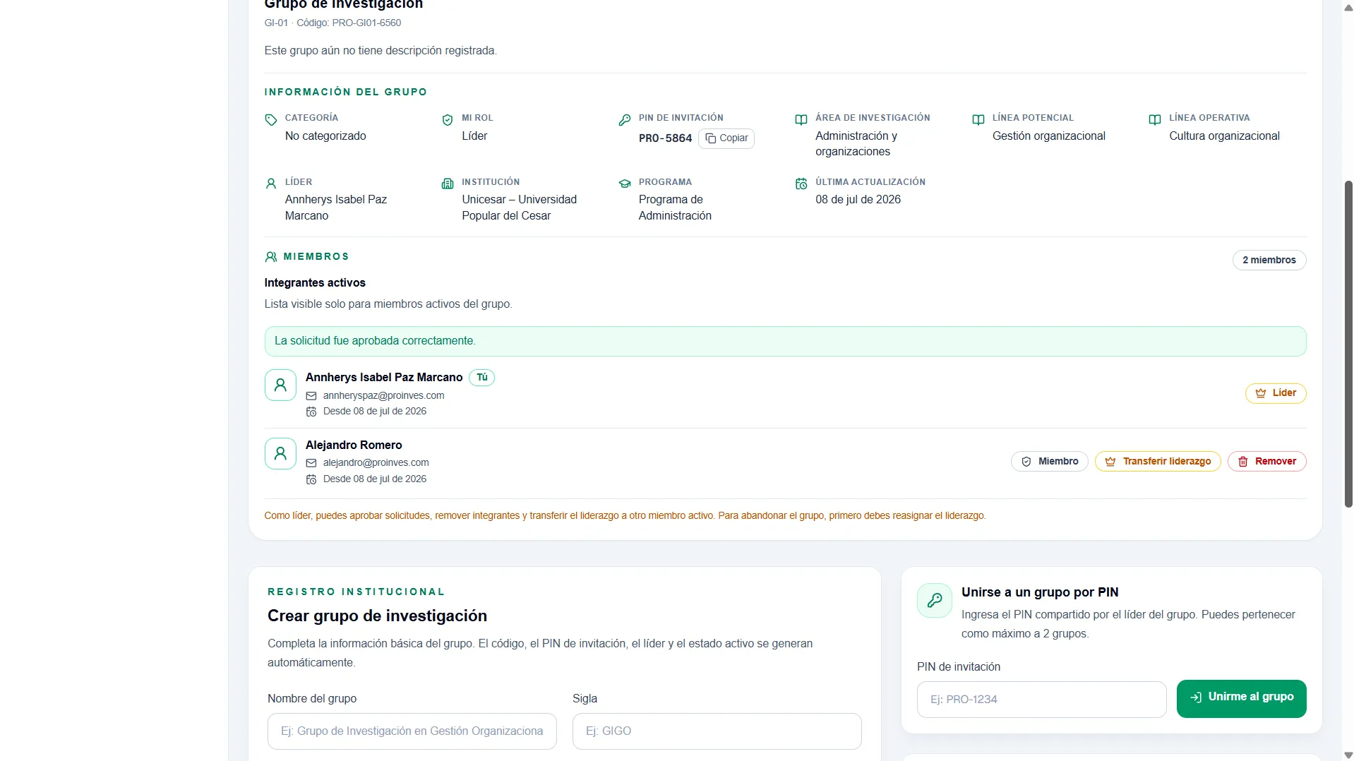 Sección de contenido de Proinves