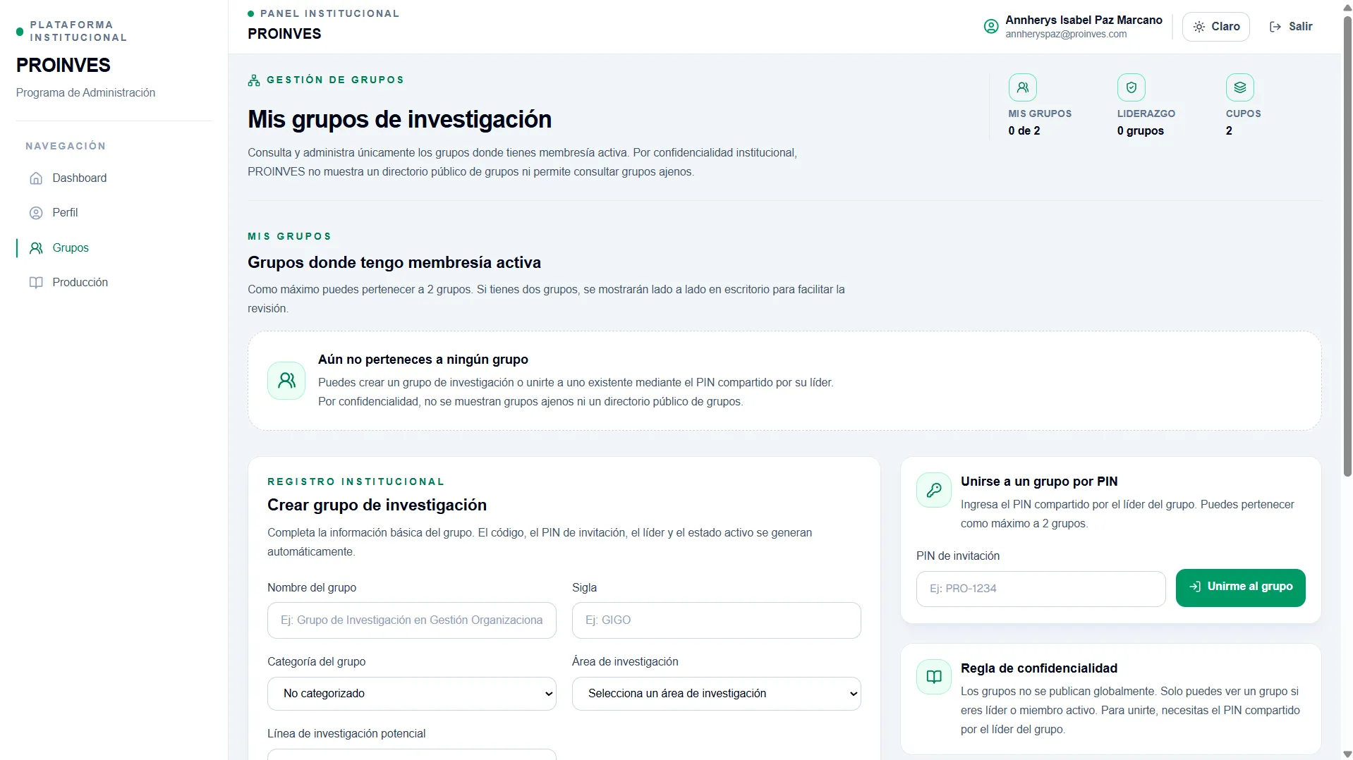 Sección de contenido de Proinves