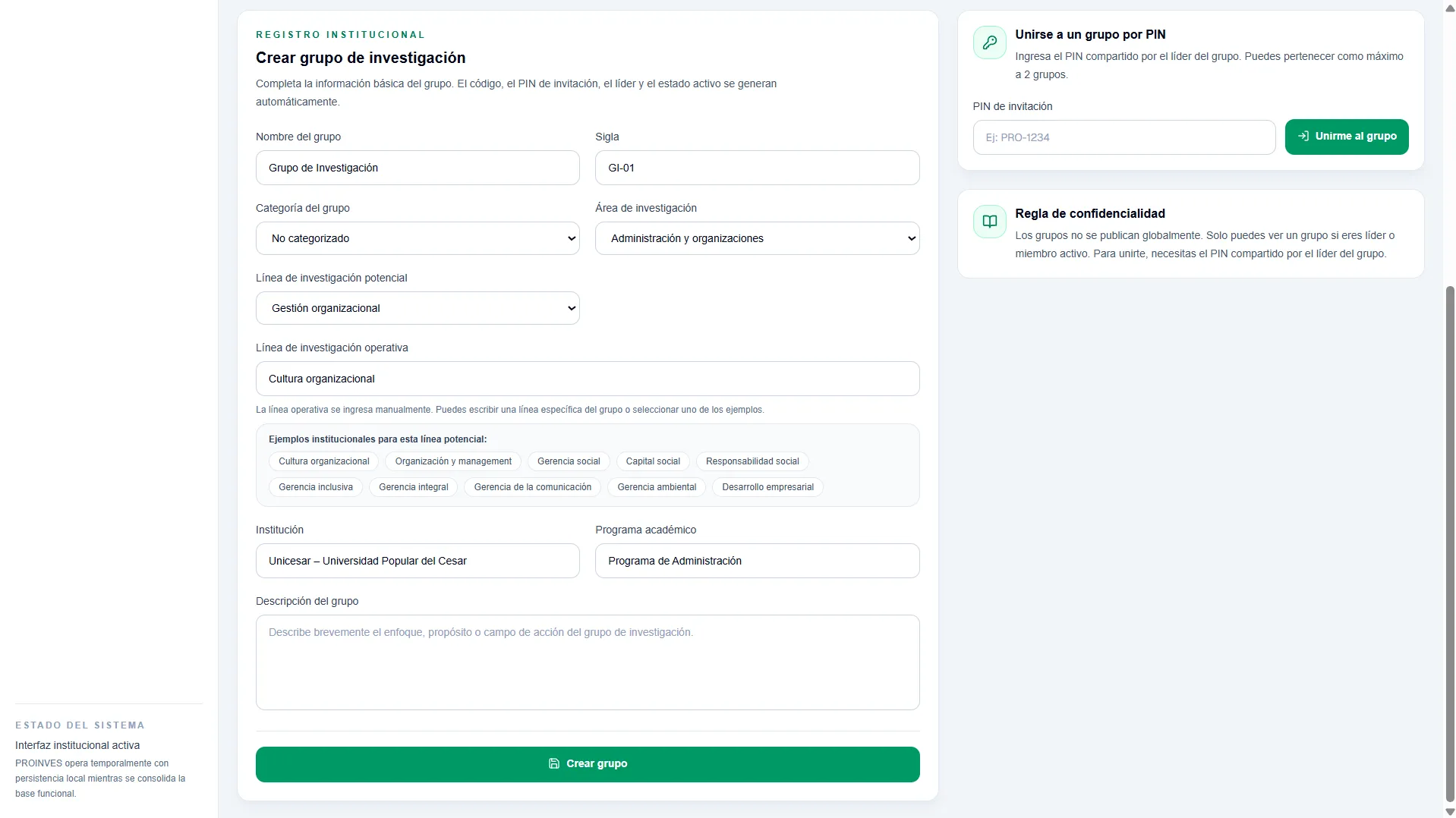 Sección de contenido de Proinves