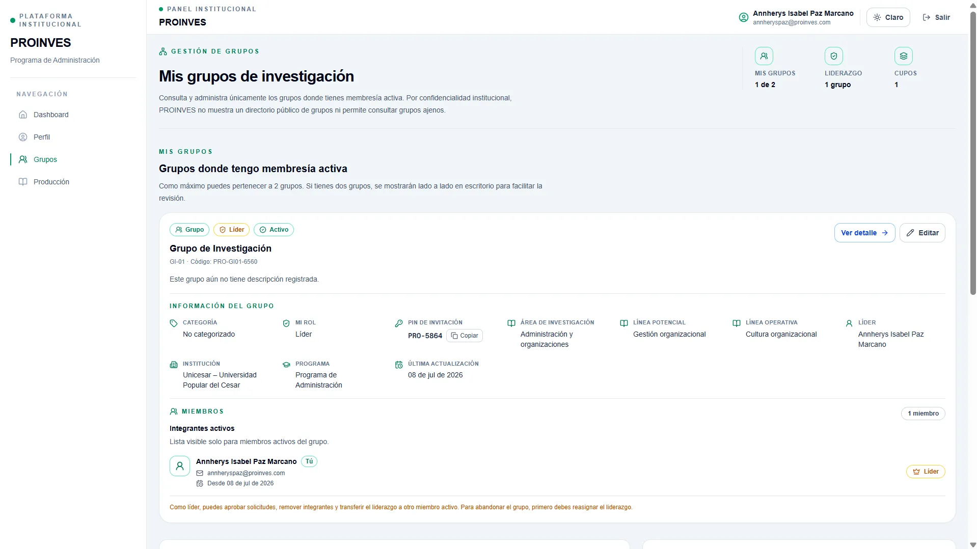 Sección de contenido de Proinves