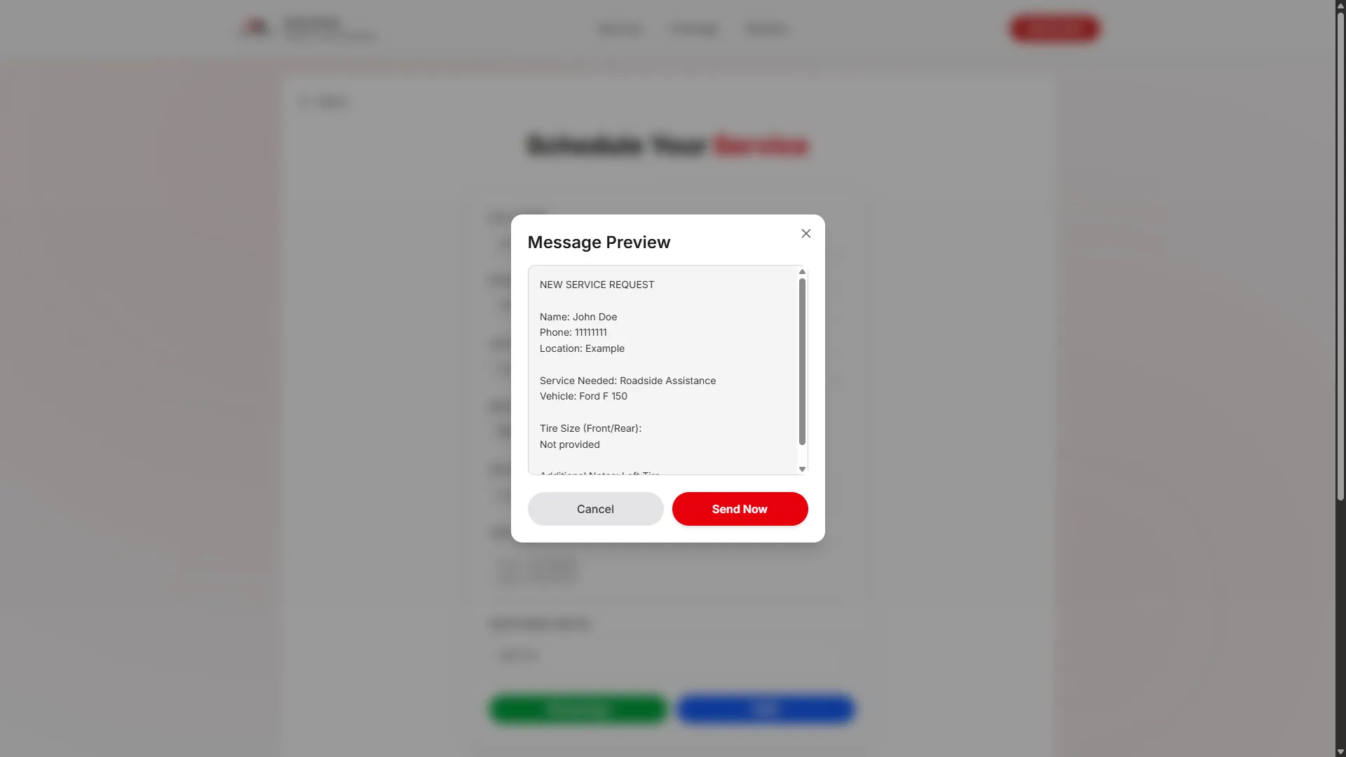 Modal de confirmacion de datos y servicio de Raoven Tire Shop