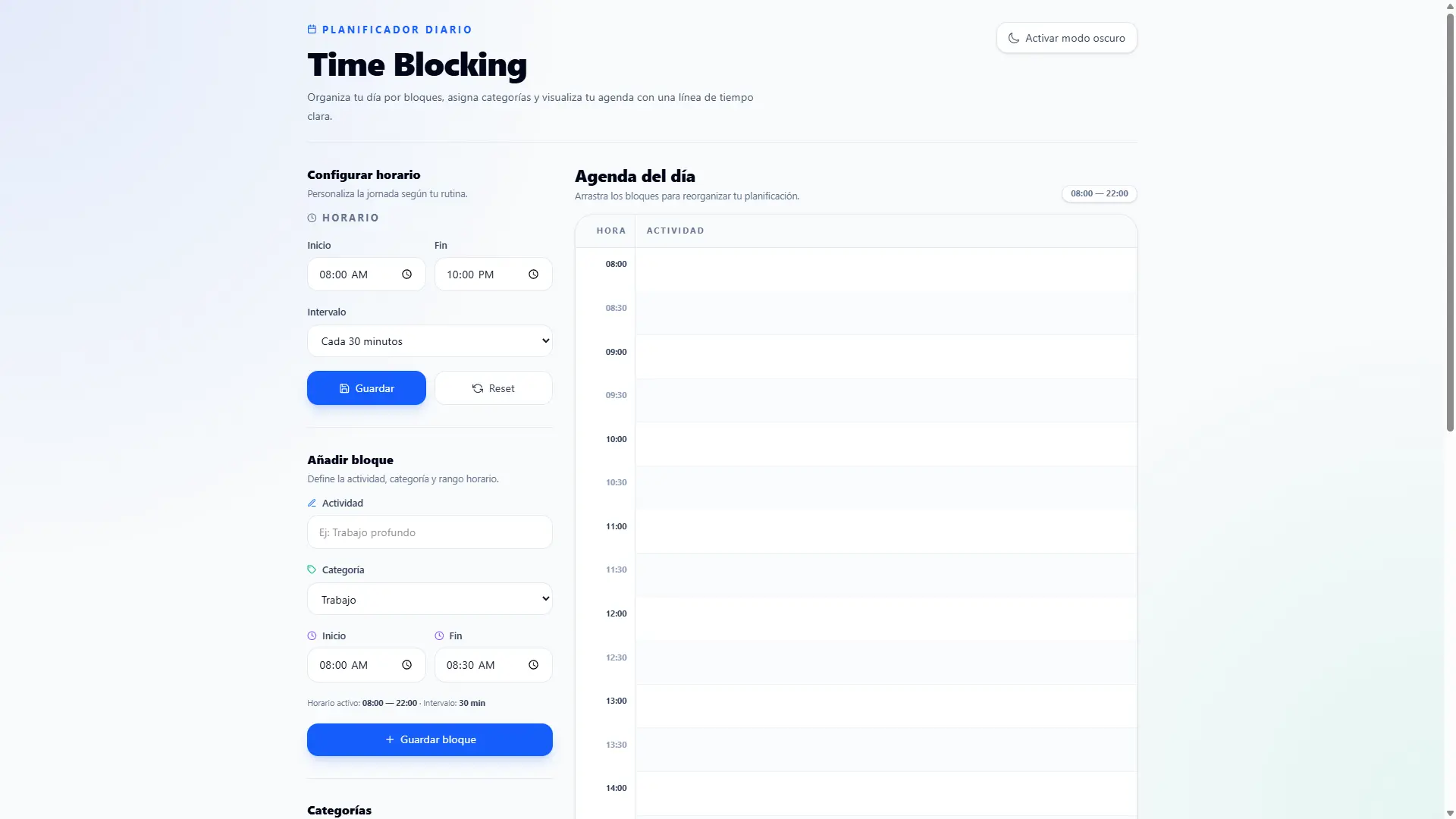 Interfaz de Time Blocking