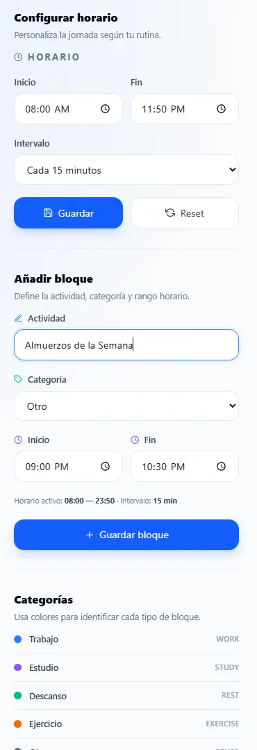 Interfaz de Time Blocking